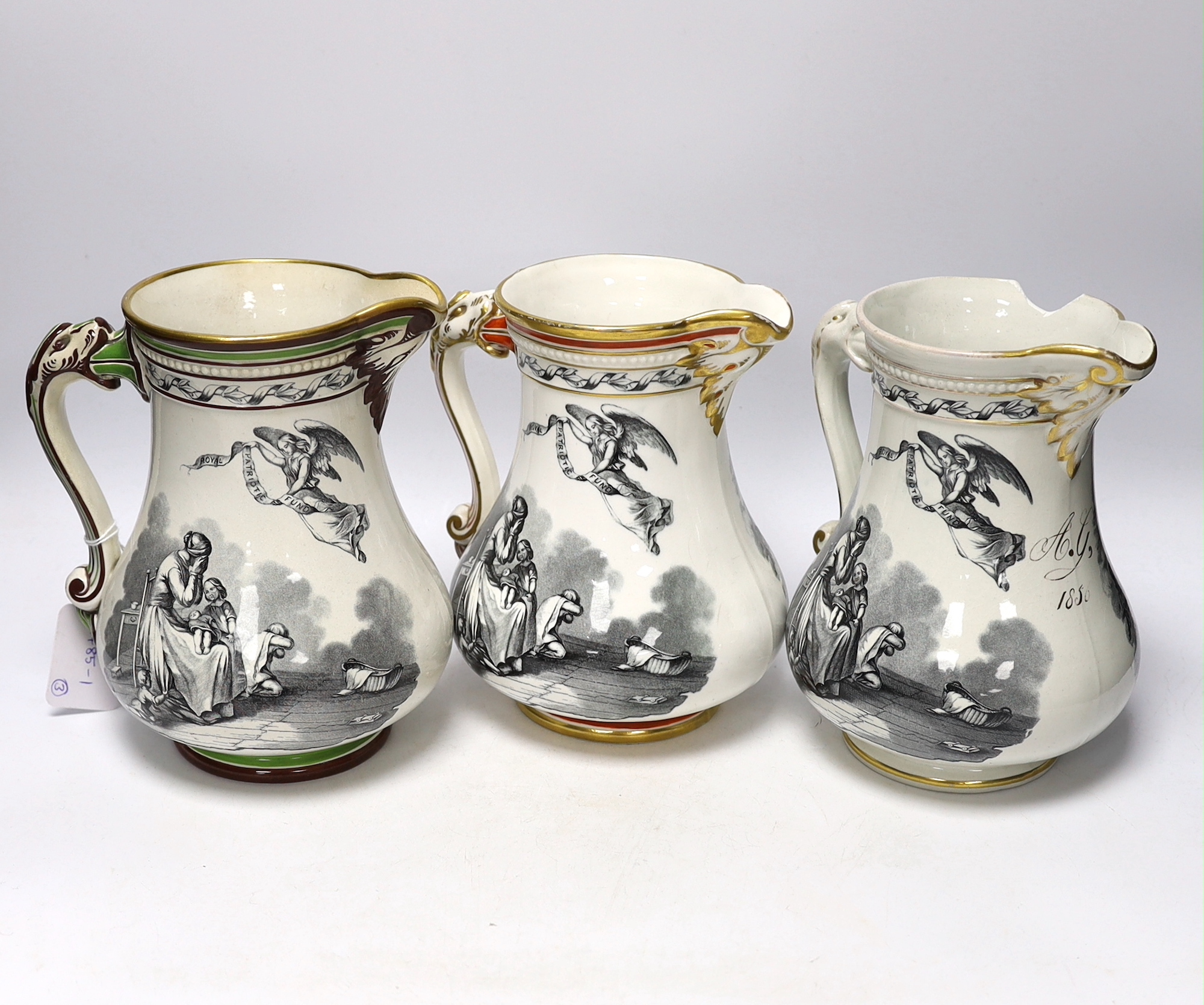 Crimean war interest- Three Samuel Alcock 'Royal Patriotic Jugs', designed by G. Eyre 1855, 20cm high